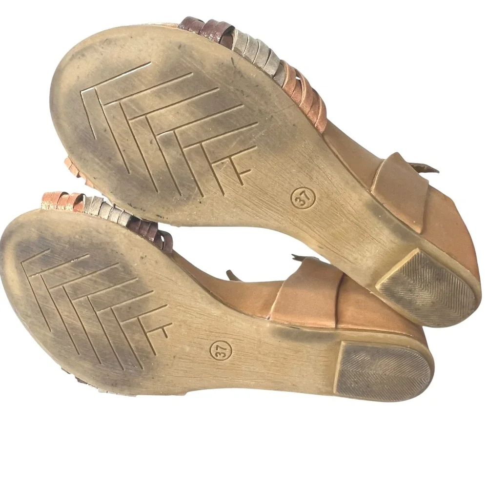Ethem Wedge Leather Strappy Sandals EU 37 Size 7 Tan Multi Boho Open Toe